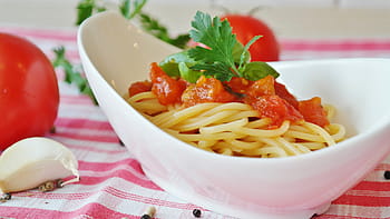 piatto di pasta, bianca, ceramica, ciotola, spaghetti, pomodori, salsa di pomodoro, pasta, italiano, tagliatelle, ingrediente