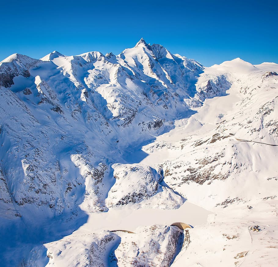 snow, capped, mountain, blue, sky, grossglockner, austria, austrian, alpine, high tauern, glacier