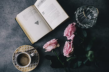 encantador, rosas, libro, café, rosa, interior, descansando, relajarse, elementos esenciales, lectura, tiempo