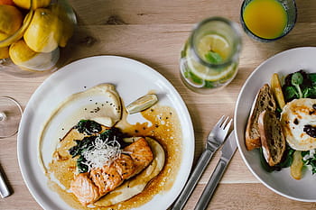 cena saludable, Saludable, Cena, comida, plato, gourmet, mesa, vegetales, mariscos, frescura, vajilla