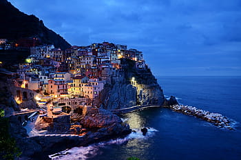 cinque terre, night, italy, rocks, sea, water, sunset, stone, coastline, rock, outside