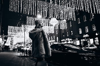 zimní, město, světla města, světla, dívka, Vánoce, Charkov, Kharkiv, osvětlení, noc, večer