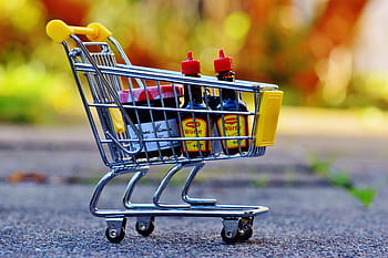 inossidabile, carrello della spesa in acciaio, miniatura, bottiglie di salsa di soia, carrello della spesa, shopping, acquisto, caramella, carrello, lista della spesa, cibo