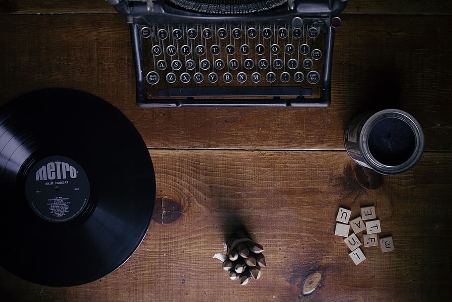 typewriter, vintage, letters, scrabble, vinyl, record, album, lp, music, wood, table