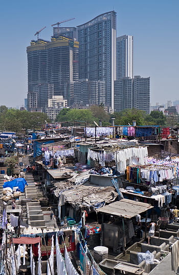 ropa, tendedero, arriba, casas, edificio, fondo, Servicio de lavandería, barrio bajo, India, Mumbai, Paisaje urbano