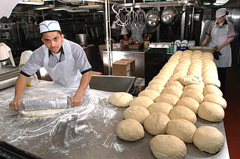 man, wearing, apron, bakers, baking, bread, cook, food, kitchen, fresh, flour