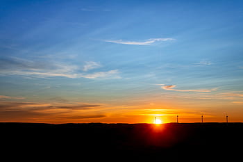 sunrise, rising sun, sun, sky, landscape, morning, light, color, nature, clouds, wind turbines