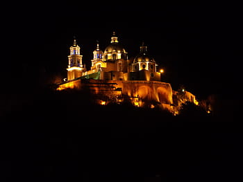 cholula, puebla, kostel, pyramida, Mexiko, cholula, puebla, architektura, církve, noc, exteriér budovy, svítí