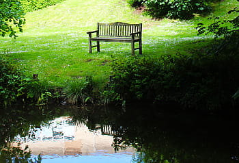 braun, hölzern, Bank, Grün, Rasenplatz, Karosserie, Wasser, tagsüber, Sitz, Teich, allein