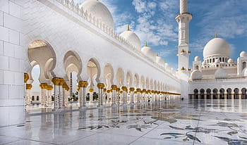 bílý, mešita, modrý, nebe, Abu Dhabi, cestovat, architektura, orient, kupole, destinace, architektonický sloup