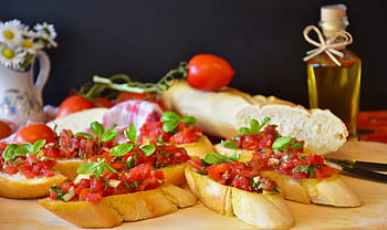 bruschetta, top, brown, wood board, bread, baguette, tomatoes, basil, olive oil, onion, garlic