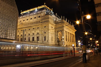 Praha, národní divadlo, tramvaje, Červené, noc, Dějiny, nebe, hrad, Česká republika, budova, Dům