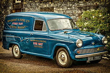 Weiß, Scotch Whisky Truck, geparkt, Beton, Gebäude, Auto, Oldtimer, Morris, klassisch, pkw, Automobil