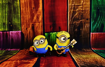 two, minion characters wallpaper, minions, figures, funny, fun, toys, children, yellow, cute, multi colored