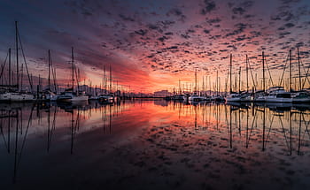white, yacht, harbor, landscape, sunrise, clouds, reflection, sea, water, ocean, sailboat