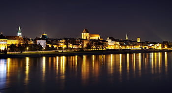 illuminato, città, corpo, acqua, correre, panorama, notte, la città vecchia, Wisla, monumenti, castello