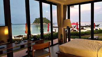 brown, wooden, desk, chair, Room, Beach, View, room beach view, beach view, room beach, thailand beach