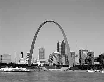 grayscale buildings, body, water, saint louis, skyline, gateway arch, mississippi river, architecture, landmark, cityscape, landscape