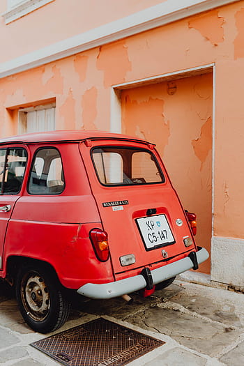 4, mobil, oldtimer, merah, jalan, isola, Eropa, Vintage, mengangkut, tua, Renault