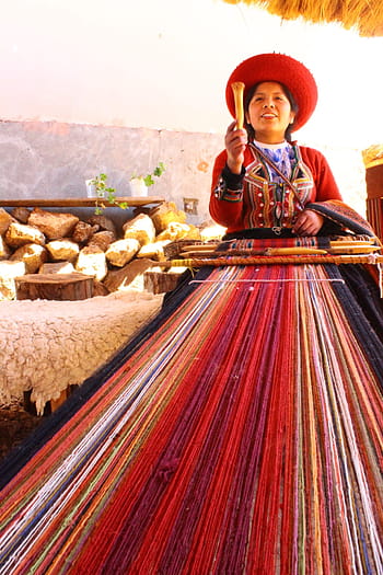 žena, tkaní, Červené, oranžový, vlákno, Peru, andean, venkovský, tradiční, inka, Jižní Amerika