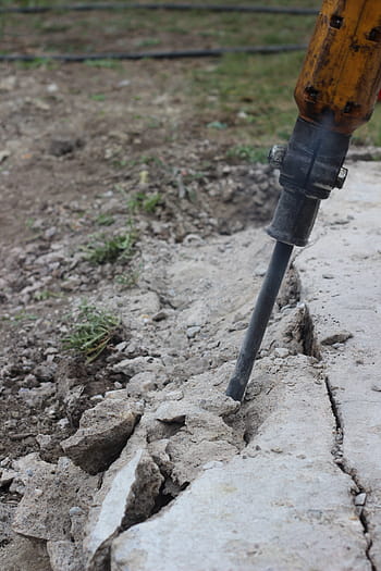 hammer drill, site, hilti, smash, destroy, yellow, powerful, road construction, construction, home, renovate