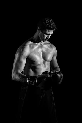 foto in scala di grigi, uomo, indossare, guanti da box, corpo, bodybuilding, buio, fitness, modello, persona, A petto nudo