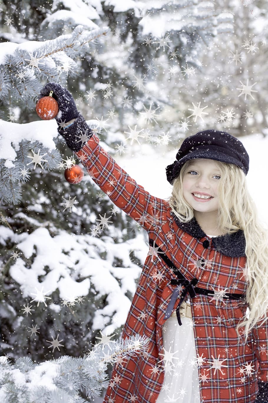 ragazza, arancia, nero, plaid, cappotto button-up, divertimento in vacanza, la neve, inverno, freddo, cappello, neve di natale