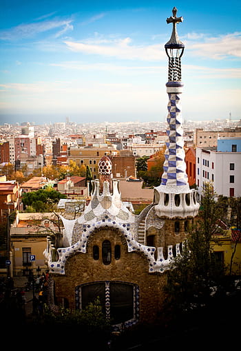 갈색, 회색, 성당, 건물들, Parc Guell, 가우디, 스페인, 바르셀로나, 건축물, 유럽 ​​사람, 스페인 사람