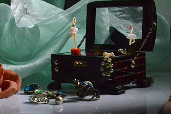 geöffnet, schwarz, Schmuckkästchen, Zubehör, Musikbox, Box, Balletttänzer, Musik-, Liebe, Valentinstag, alt