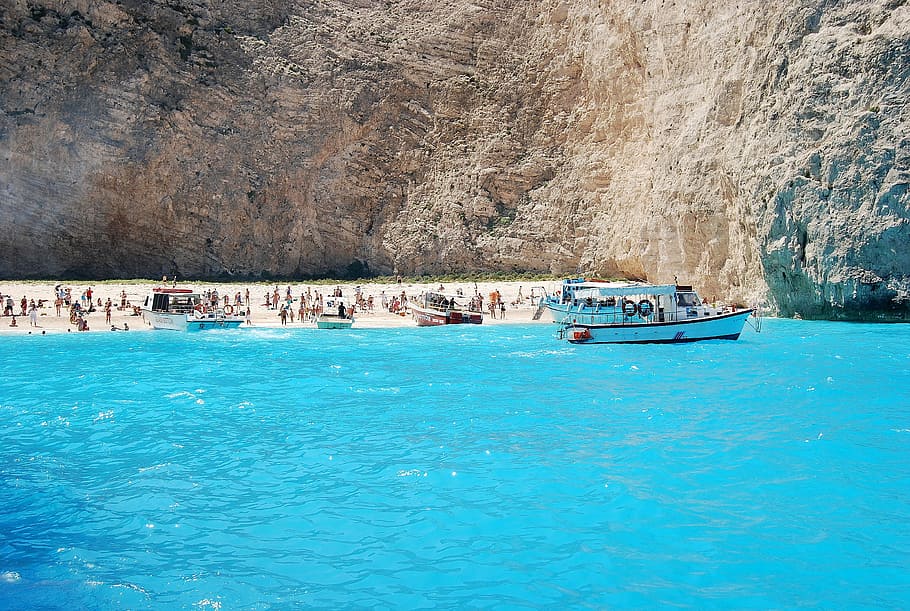 lidé, tělo, voda, zátoka, pláž, navagio bay, Skála, vrak, moře, barva tyrkysová, na nábřeží