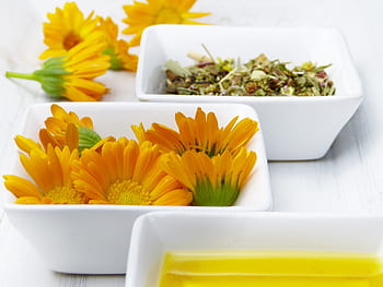 bowls, oil, marigold, calendula, flowers, herbs, tee, diy, jojoba oil, naturopathy, orange