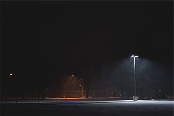 돌린, 포스트 램프, 보도, 가까운, 긴, 나무, 밤, 시각, 주차장, 눈, 램프 포스트