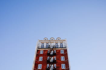 low, angle photography, red, white, high-rise, building, architecture, infrastructure, sky, skyscraper, tower