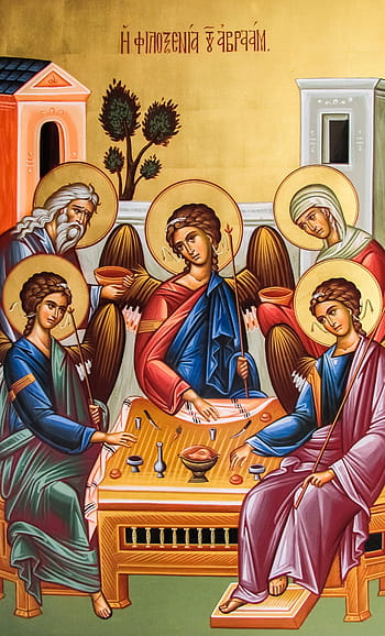abrahamova filoxenie, malování, ikona, ortodoxní, křesťanství, kostel, aiaia triada, paralimni, Kypr