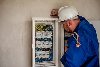 muž, nošení, modrý, oblek kotel, elektrikář, elektrický, elektřina, pracovník, budova, profesionální, zaměstnanec