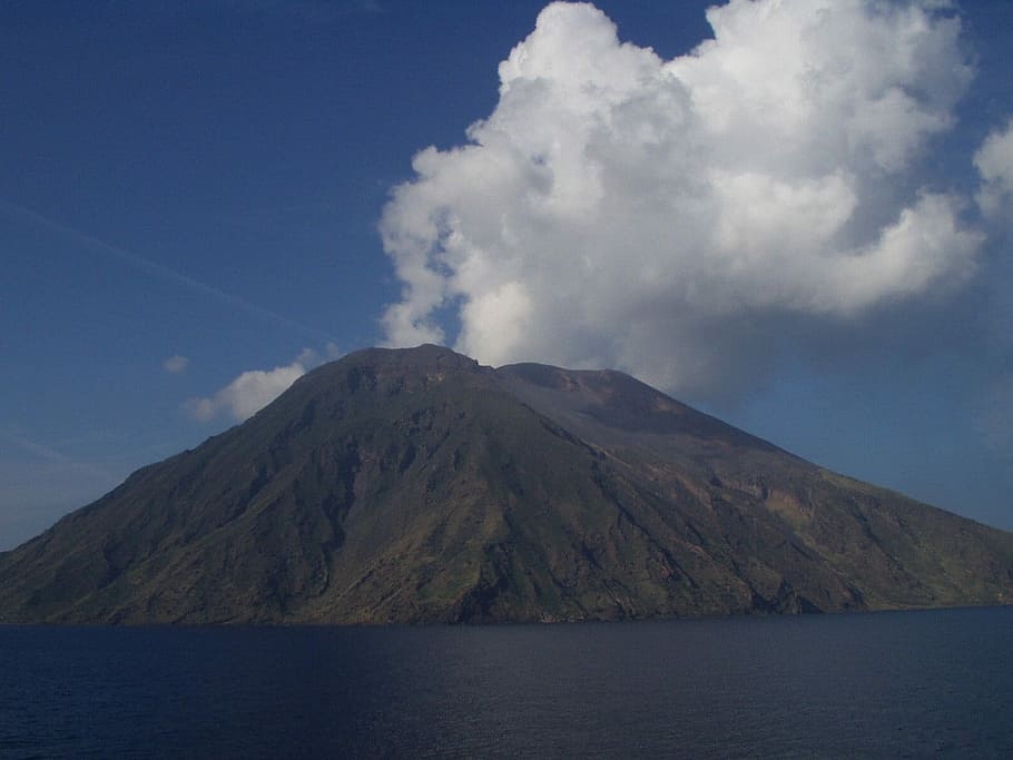 hora, zataženo, nebe, během dne, stromboli, sopka, vulkanismus, horký, síra, sopečný, pára