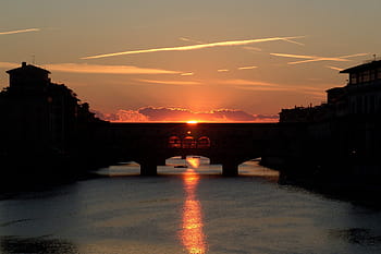silueta, západ slunce, ponte, vecchio, firenze, florence, toscana, Itálie, letní, arno, renesance