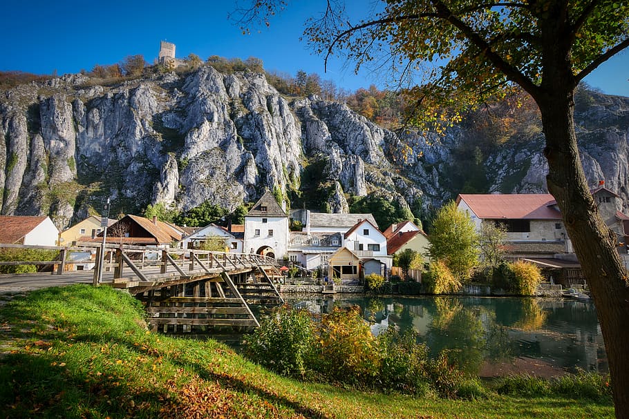 altmühl valley, essing, niederbayern, river bridge, rock, historic center, city gate, altmühl, rock wall, main danube canal, water
