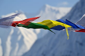 assorted-color sheets, overlooking, white, snow, covered, mountains, tibetan prayer flags, flags, color, mountain, flag