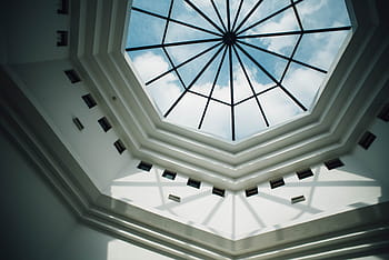 white, wooden, framed, glass roof low-angle photo, architecture, building, infrastructure, ceiling, design, sky, cloud