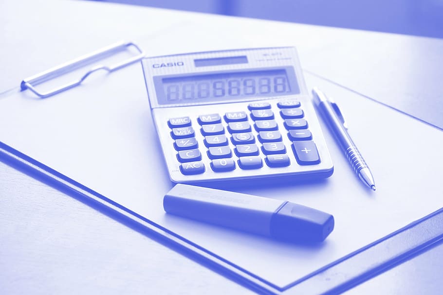 gray, calculator, clip board, office, stationery, pen, sorkiemelő, folder, paper