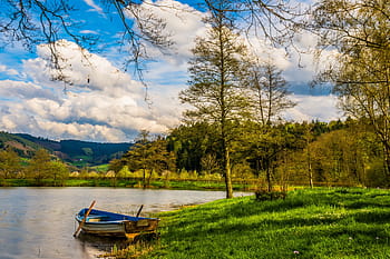 šedá, Černá, dřevěný, rybářská loď, bota, jezero, voda, veslice, krajina, Ryba, banka