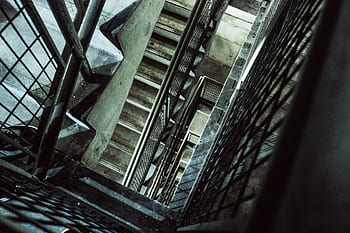 architektura, budova, schody, ocel, průmyslový, beton, řádky, tvary, vzory, perspektivní, schodiště