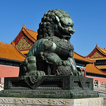 černá socha psa foo, lev, charakter, Peking, Národní muzeum paláce, Asie, Čína - východní Asie, zakázané město, architektura, čínská kultura, budování chrámu