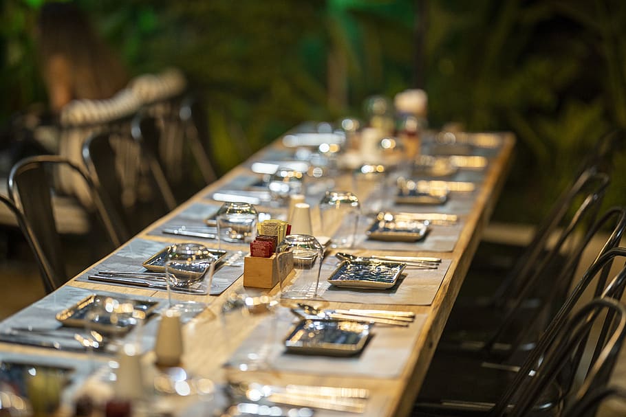 comida, mesa, servicio, celebración, restaurante, nutrición, decoración, delicioso, plato, tenedor, cuchara