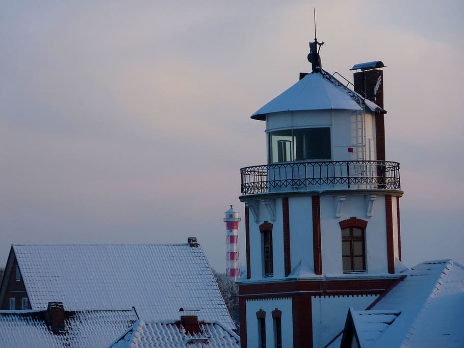 lighthouse, winter, maritime, beacon, old country, elbe, landscape, landmark, wintry, lighting, romantic