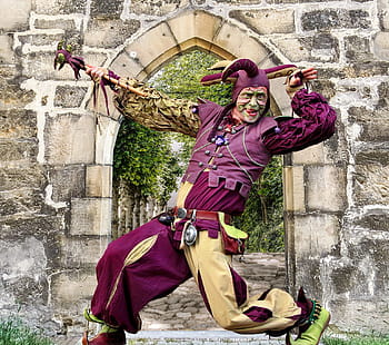 man, wear, costume, posing, concrete, wall, castle, middle ages, jester, medieval, history