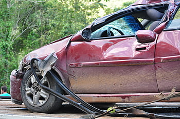 wreck, red, car, green, tree, daytime, crash, car crash, accident, vehicle, transportation