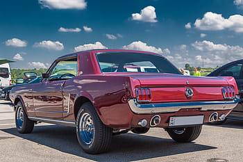 red coupe, car, mustang, ford, ford mustang, 1965, veteran, old timer, old car, retro Styled, old-fashioned