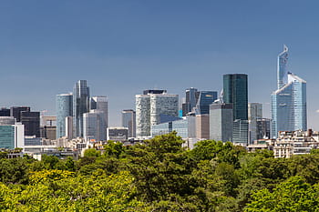 široký, úhel záběru, mrakodrapy, Los Angeles, okres défense, Paříž, Francie, široký úhel, výstřel, la défense, okres